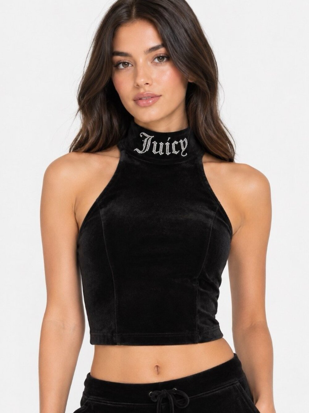 NWT Juicy Couture Rachel Velour Rhinestone Mock Neck Crop Top Black XXS Y2K